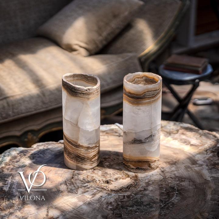 White Ice Onyx - 12" Tall, x 4.5" Diameter (Small Live Edge Table Lamp Pair 