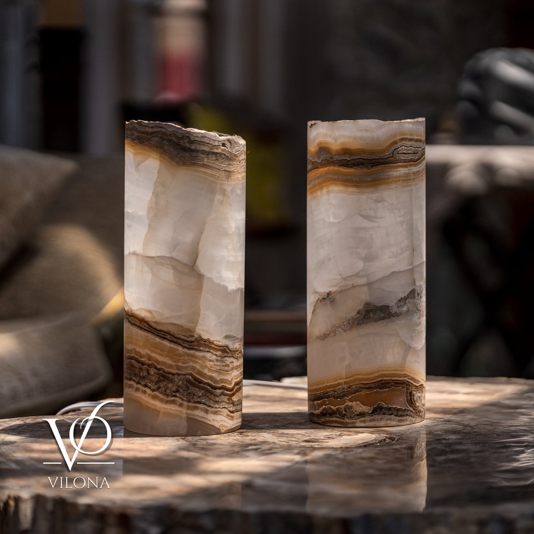 White Ice Onyx - 12" Tall, x 4.5" Diameter (Small Live Edge Table Lamp Pair 