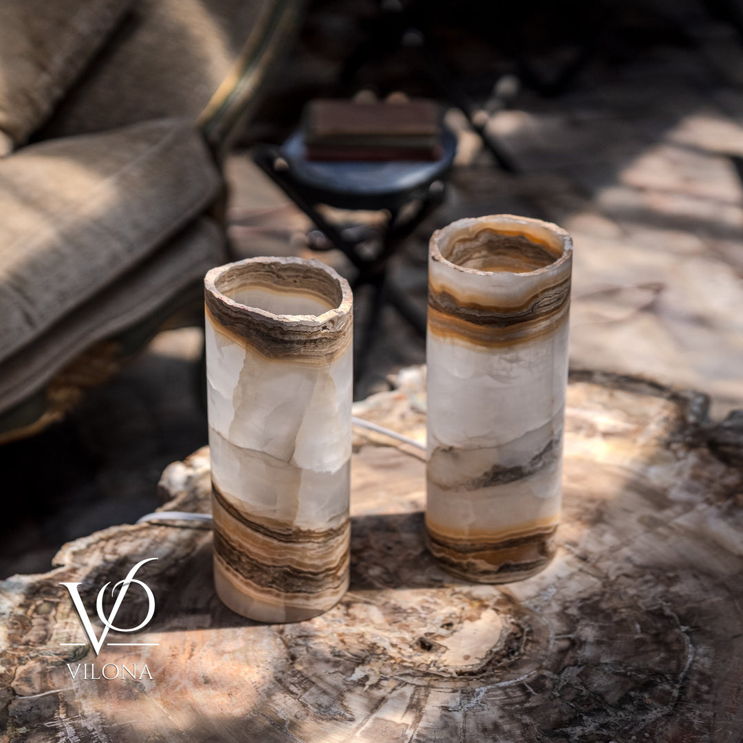 White Ice Onyx - 12" Tall, x 4.5" Diameter (Small Live Edge Table Lamp Pair 