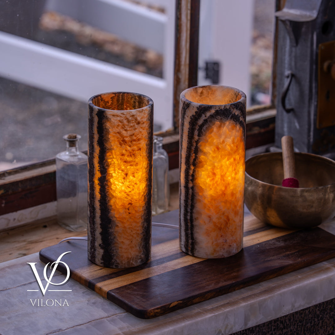 Tangerine Onyx - 12" Tall, x 4.5" Diameter (Small Table Lamp Pair 