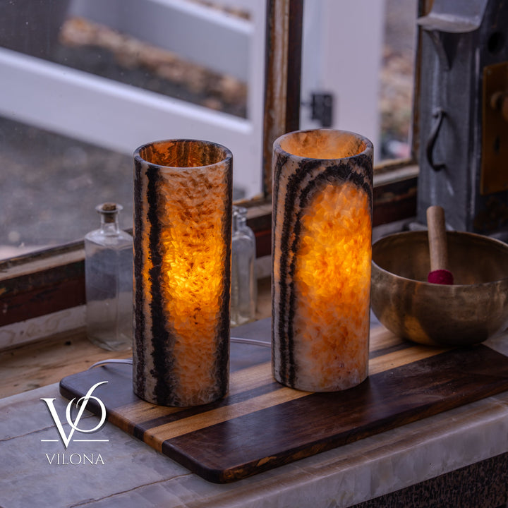 Tangerine Onyx - 12" Tall, x 4.5" Diameter (Small Table Lamp Pair 