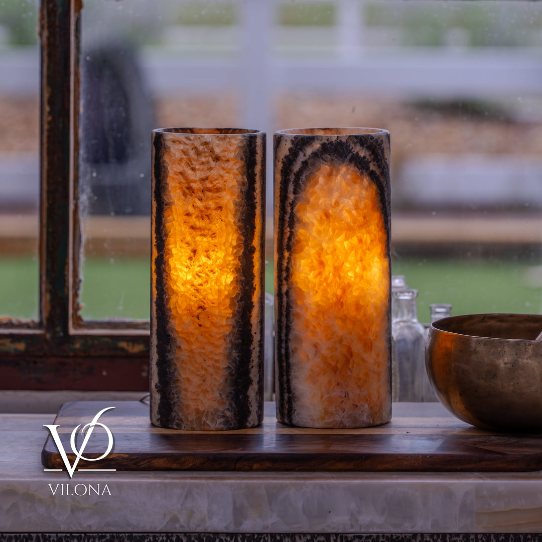 Tangerine Onyx - 12" Tall, x 4.5" Diameter (Small Table Lamp Pair 
