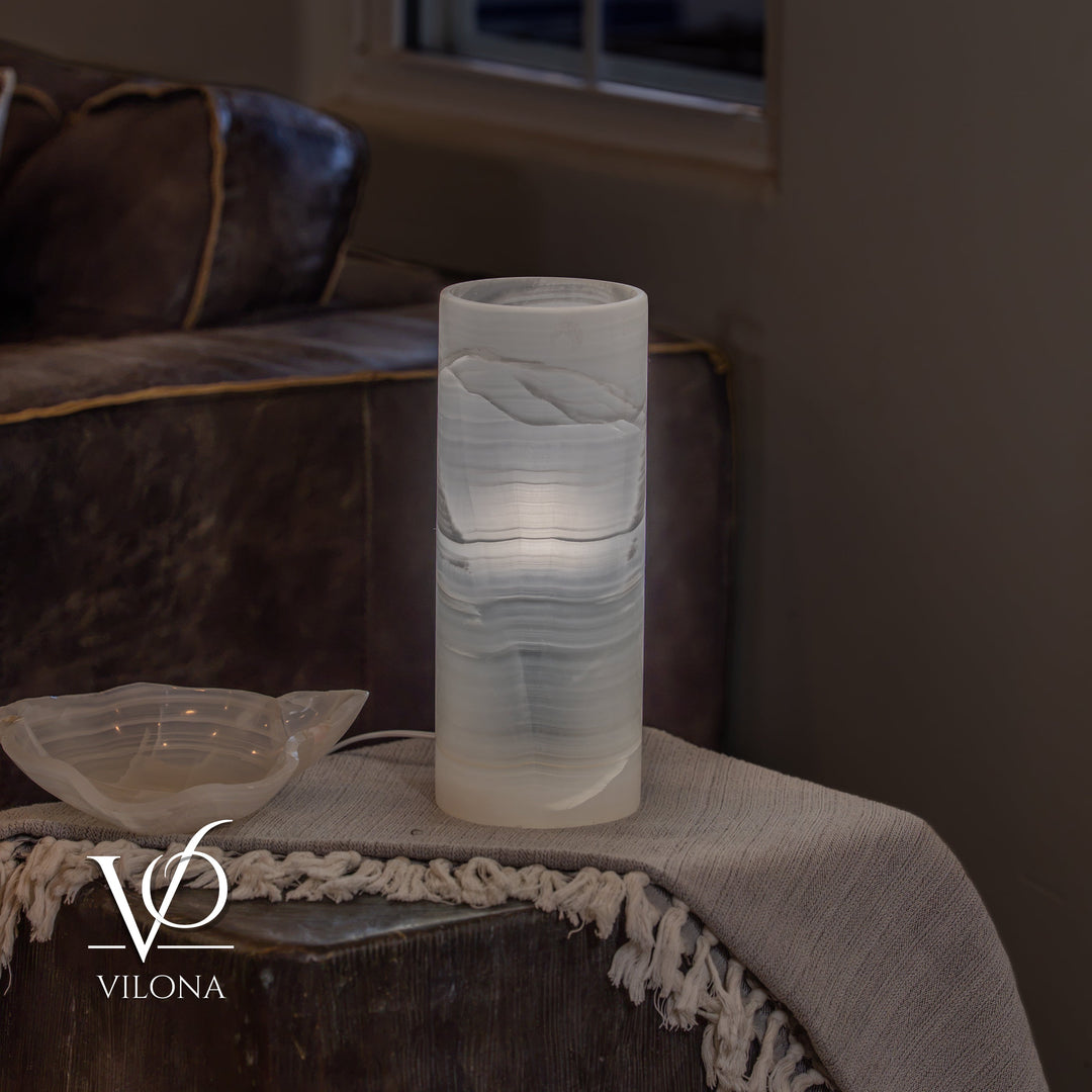 White Ice Onyx - 12" Tall, x 4.5" Diameter (Small Table Lamp 