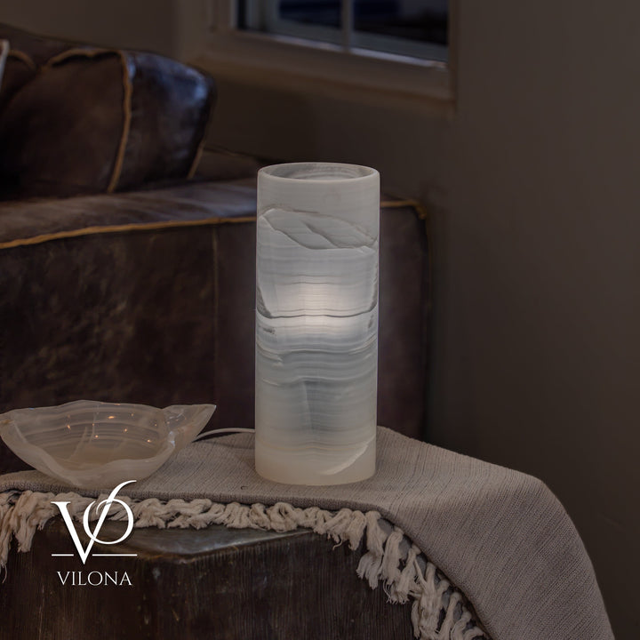 White Ice Onyx - 12" Tall, x 4.5" Diameter (Small Table Lamp 