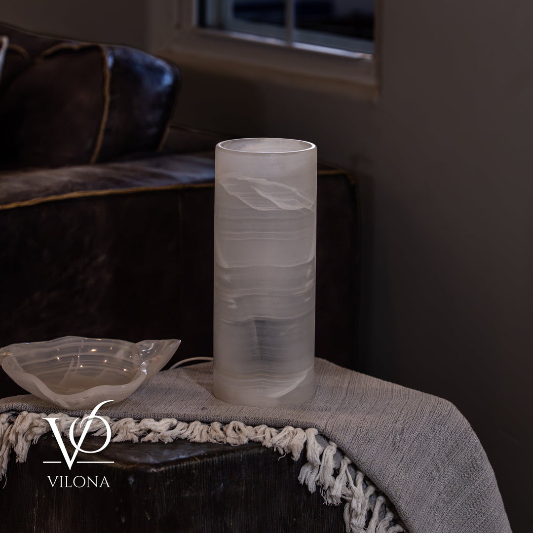 White Ice Onyx - 12" Tall, x 4.5" Diameter (Small Table Lamp 