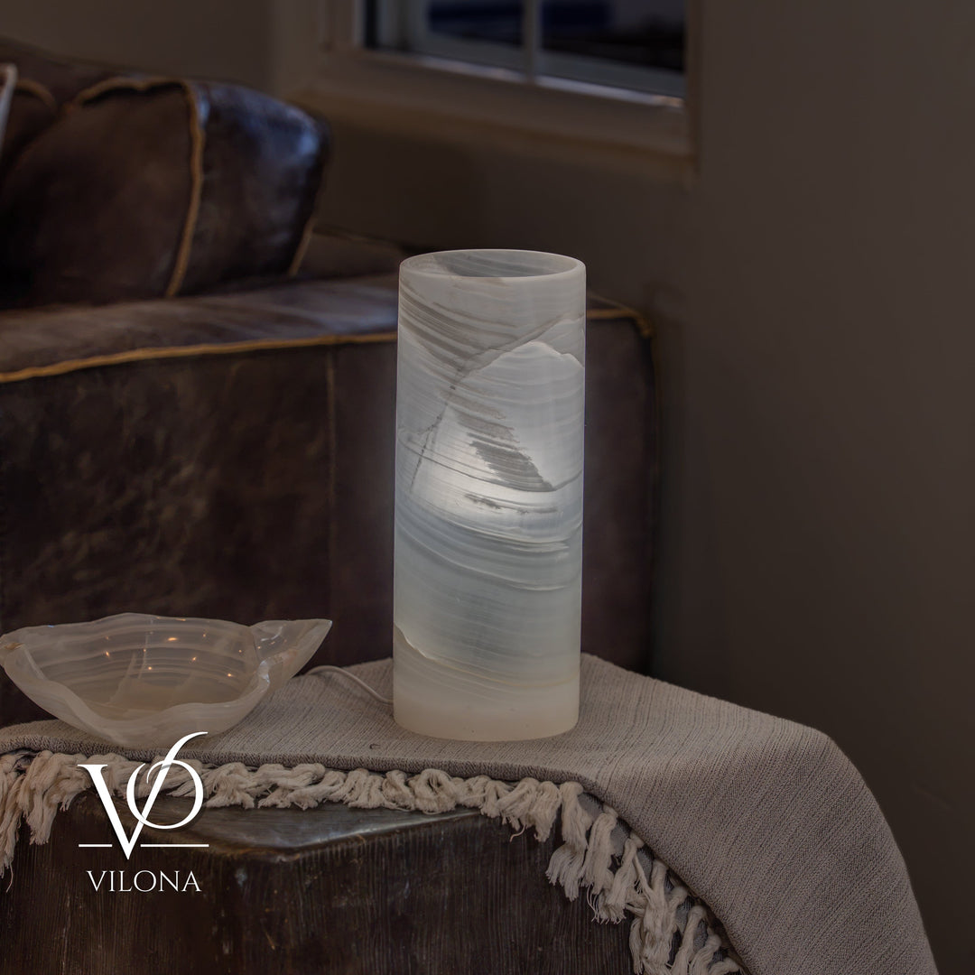 White Ice Onyx - 12" Tall, x 4.5" Diameter (Small Table Lamp 