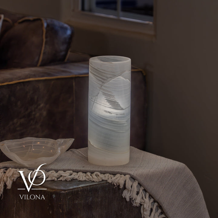 White Ice Onyx - 12" Tall, x 4.5" Diameter (Small Table Lamp 