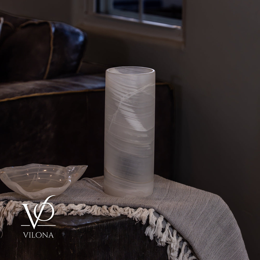 White Ice Onyx - 12" Tall, x 4.5" Diameter (Small Table Lamp 