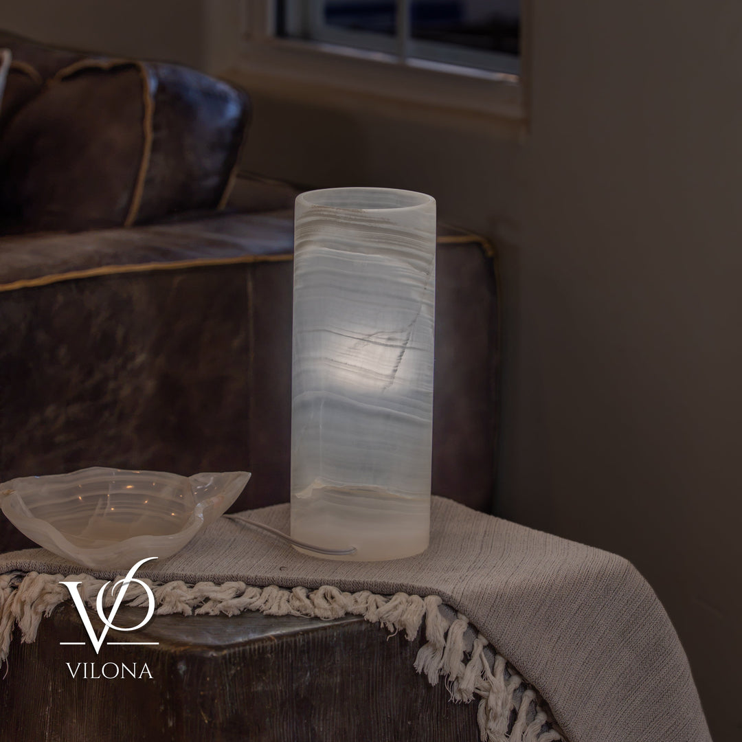 White Ice Onyx - 12" Tall, x 4.5" Diameter (Small Table Lamp 
