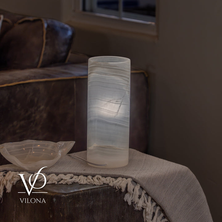 White Ice Onyx - 12" Tall, x 4.5" Diameter (Small Table Lamp 
