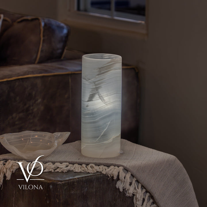 White Ice Onyx - 12" Tall, x 4.5" Diameter (Small Table Lamp 