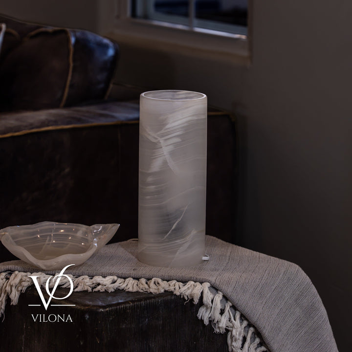 White Ice Onyx - 12" Tall, x 4.5" Diameter (Small Table Lamp 