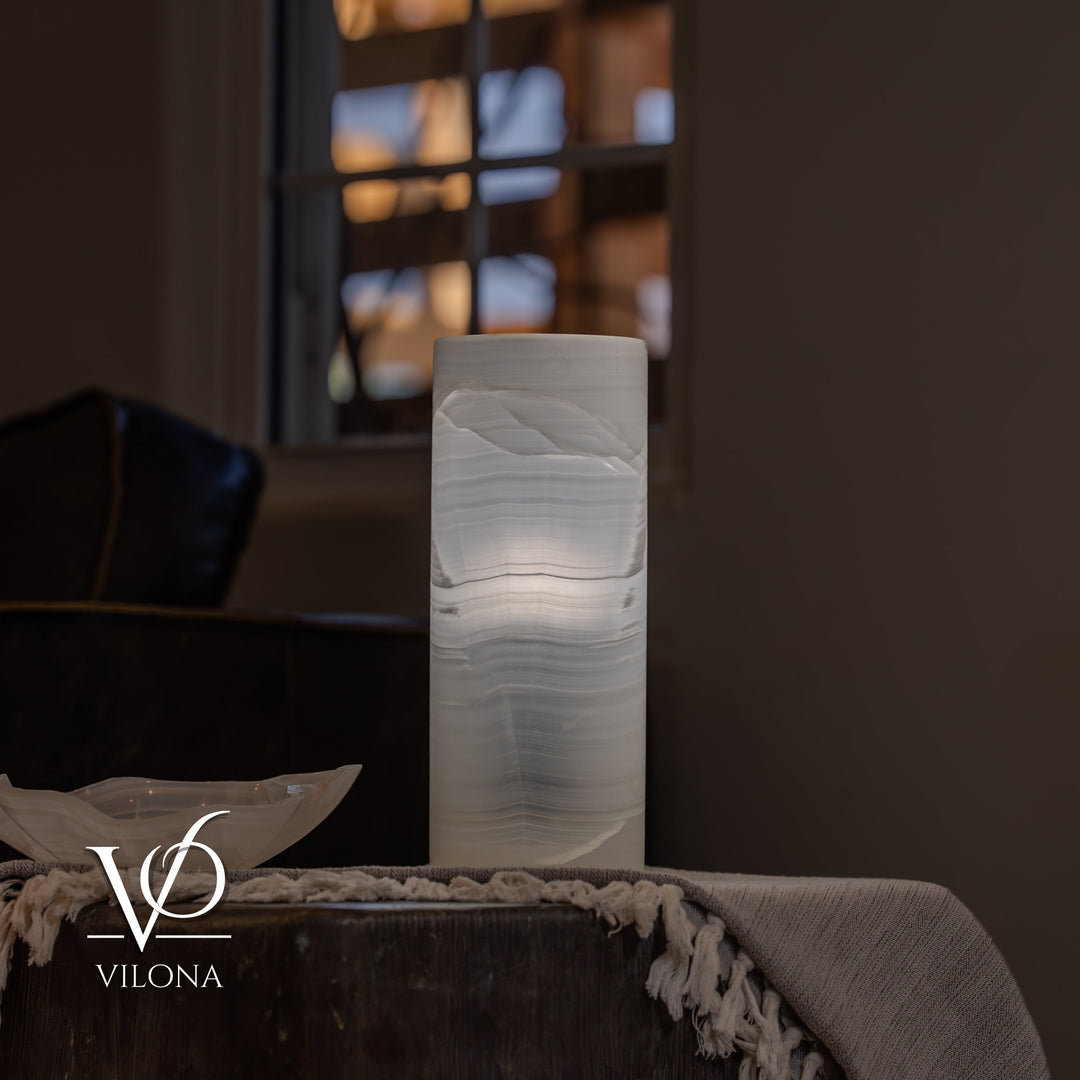 White Ice Onyx - 12" Tall, x 4.5" Diameter (Small Table Lamp 