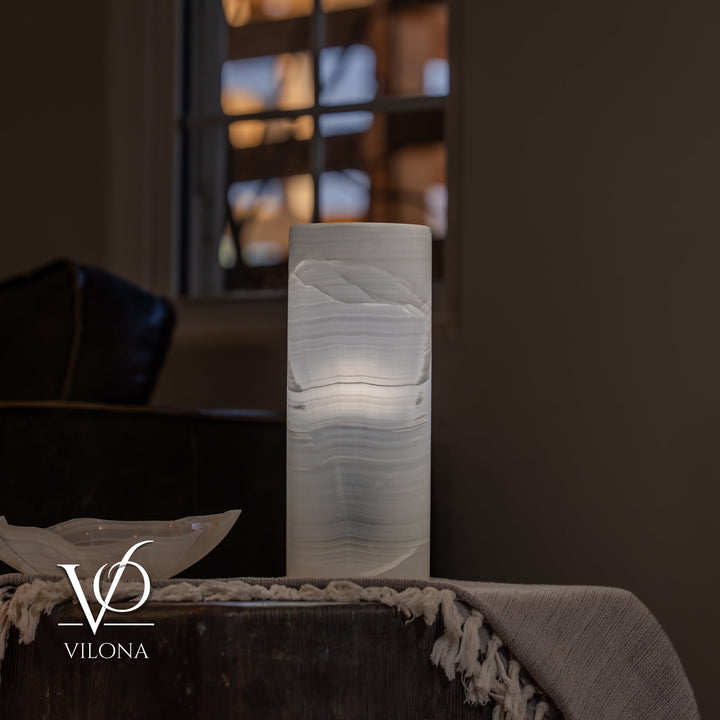 White Ice Onyx - 12" Tall, x 4.5" Diameter (Small Table Lamp 