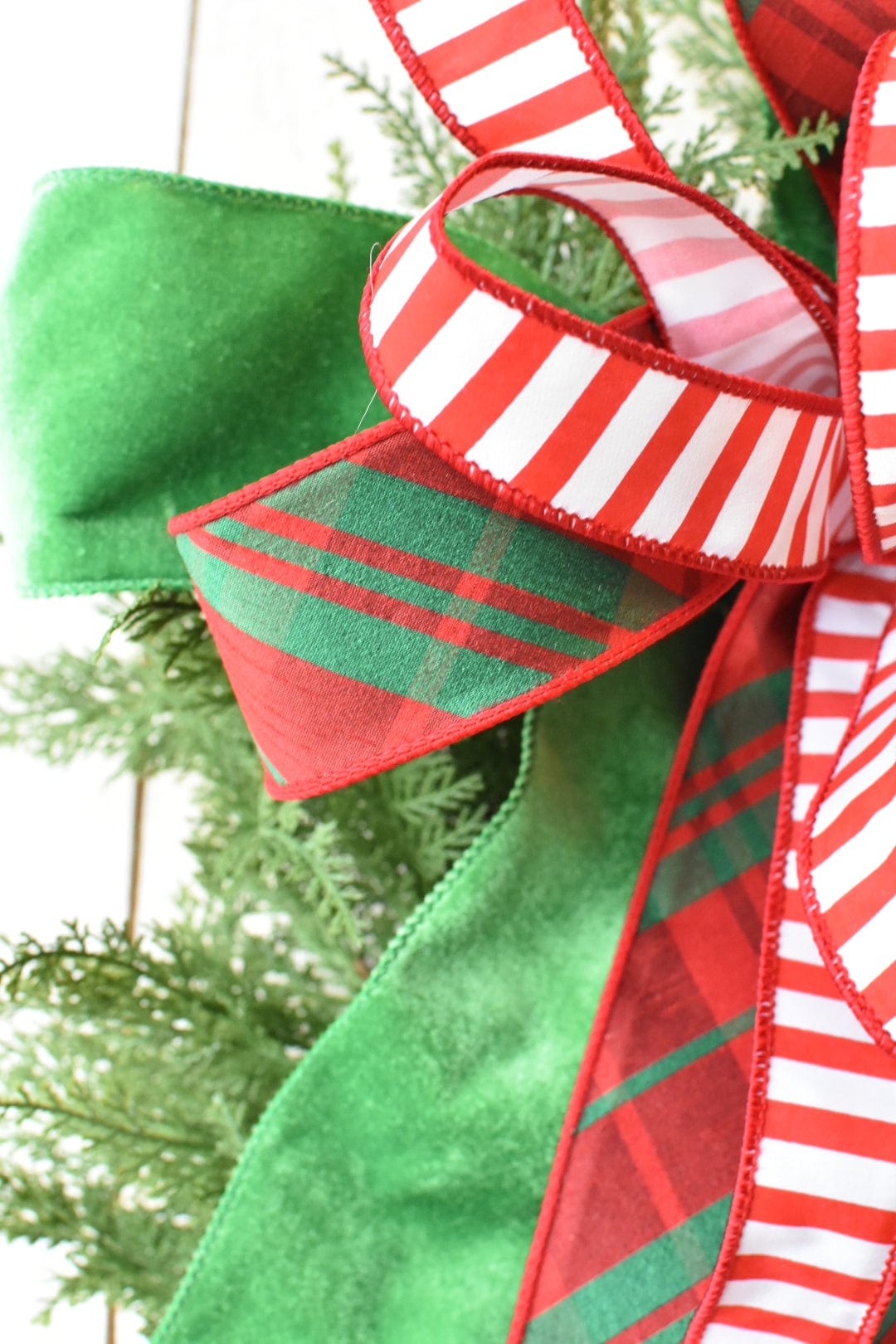 Red Green Plaid Bow with White/Red Stripe