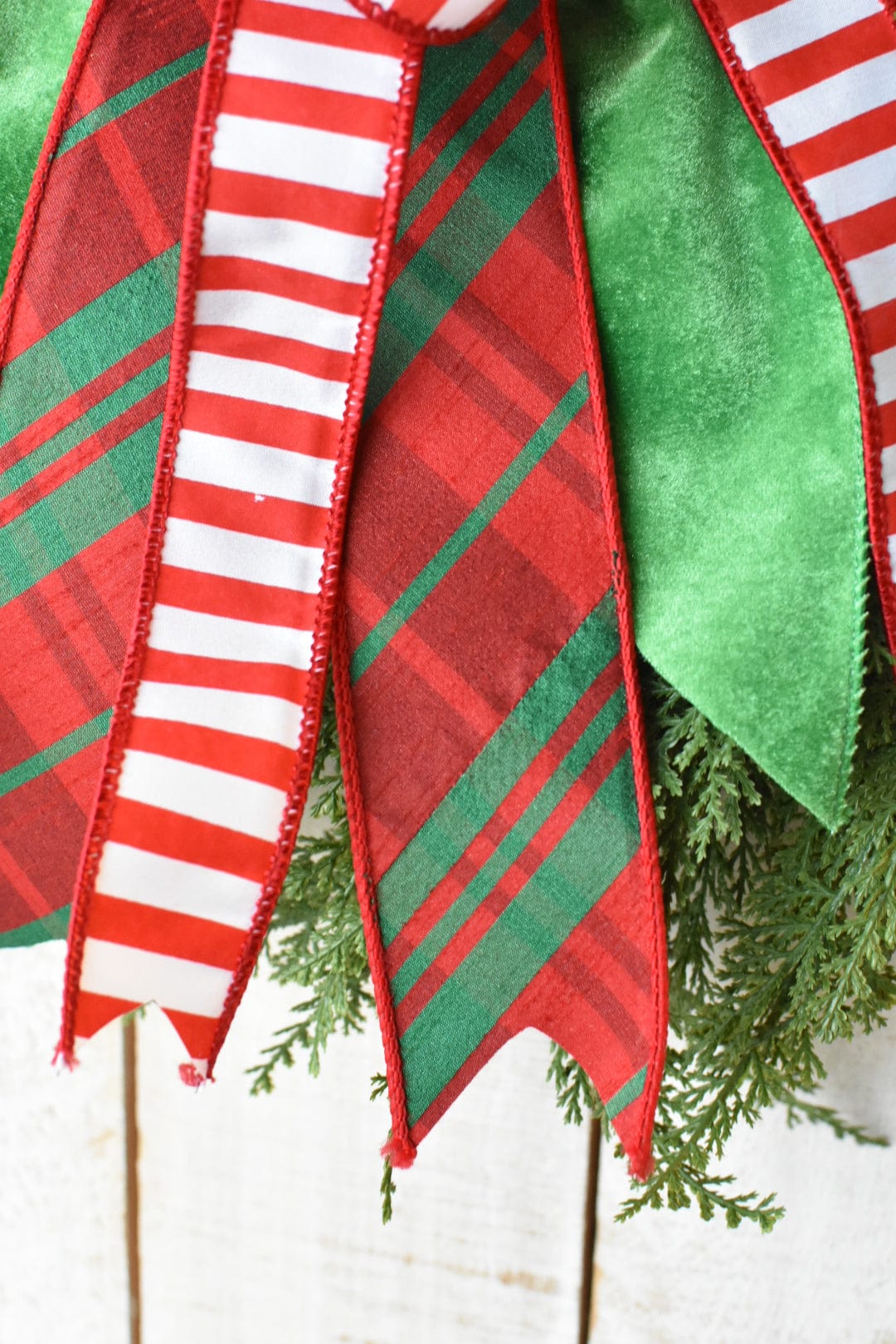 Red Green Plaid Bow with White/Red Stripe