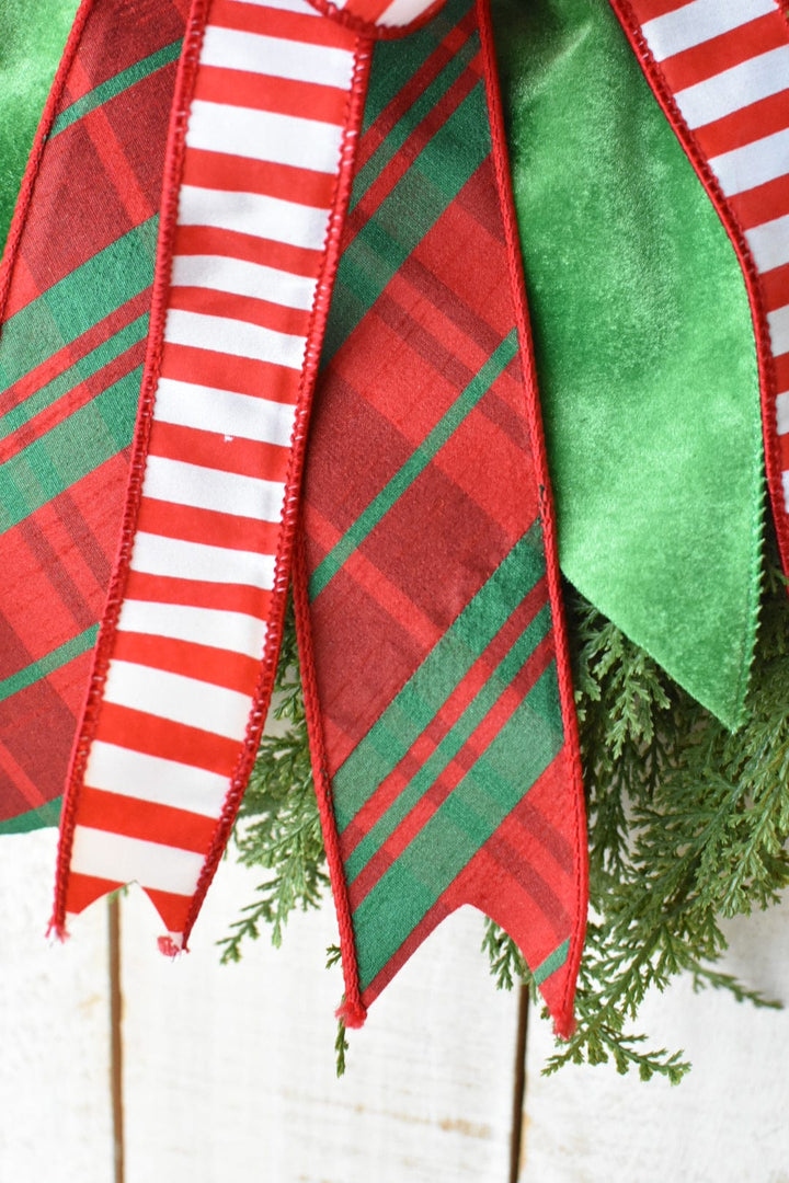 Red Green Plaid Bow with White/Red Stripe
