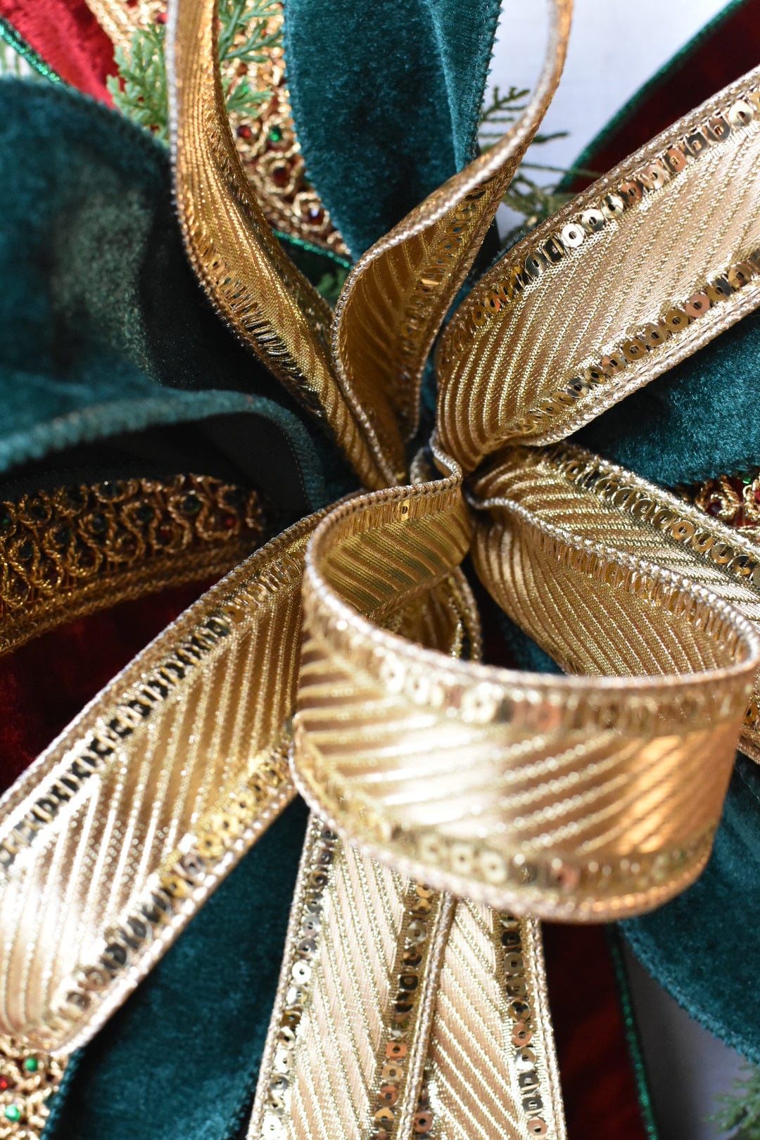 Red Green Gold Jeweled Ribbon Bow