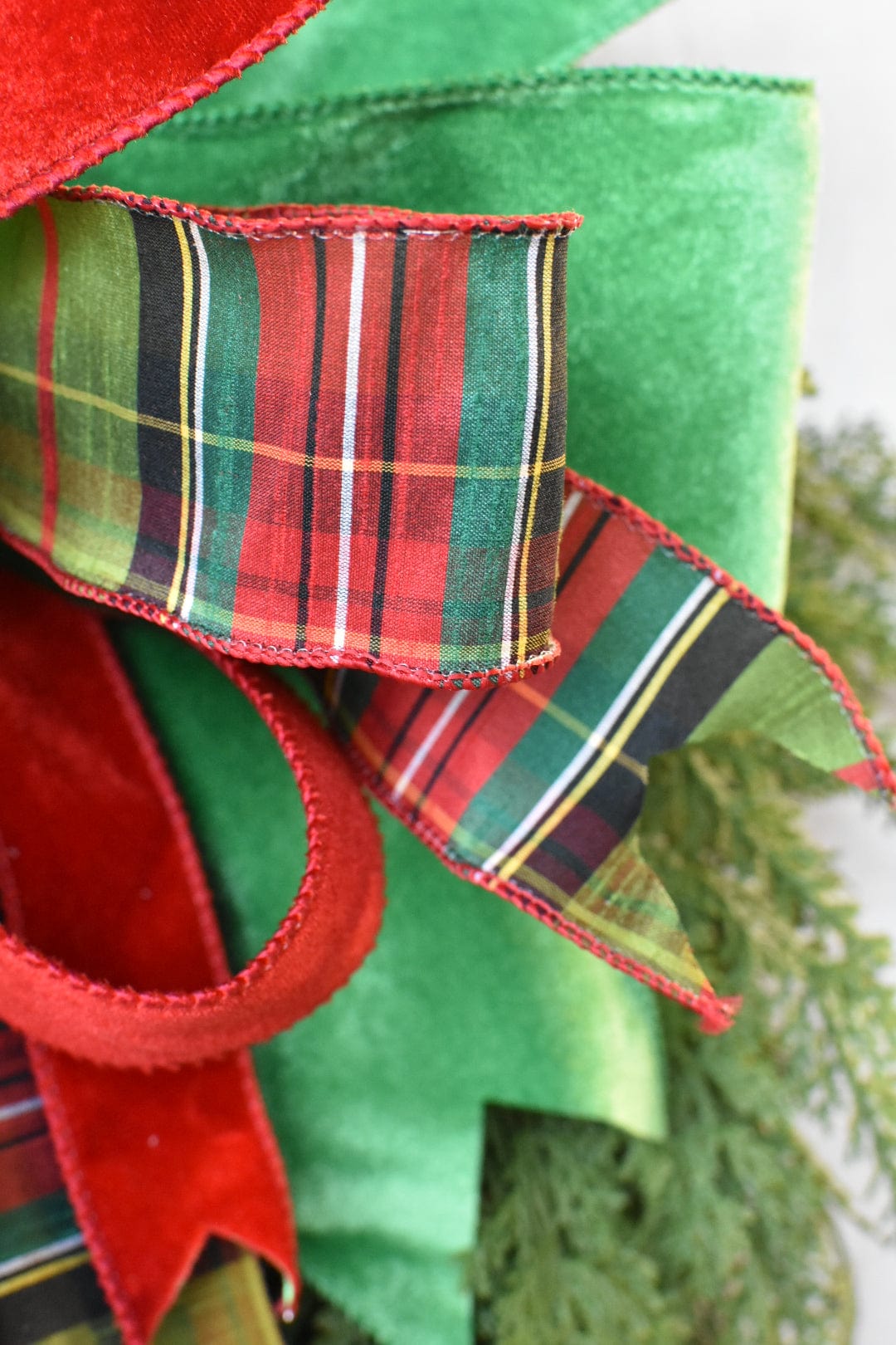 Green Plaid, Green Velvet, and Red Velvet Bow