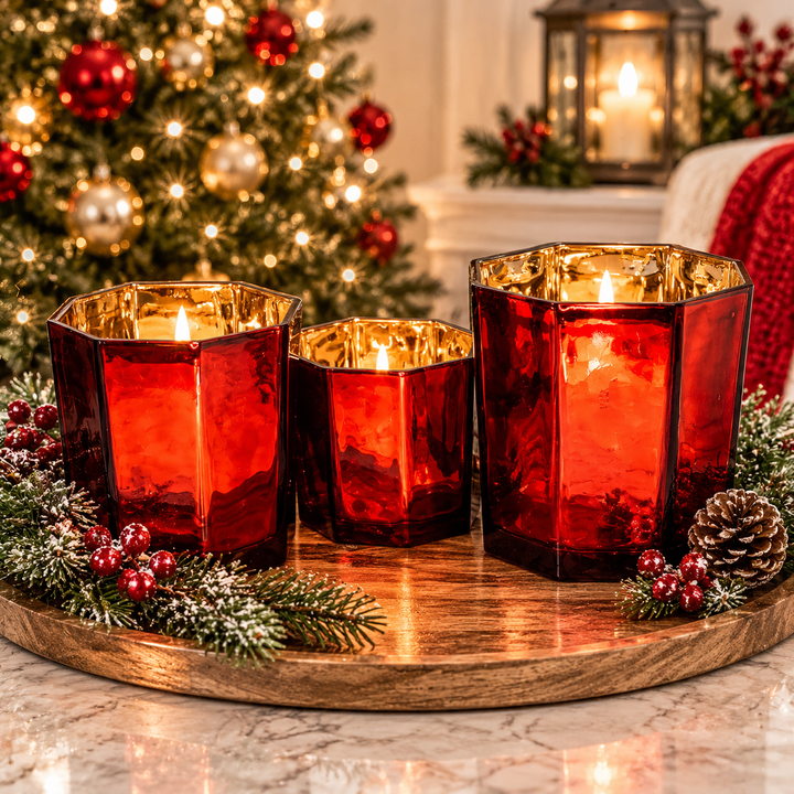Red Gold Mercury Glass Candle Holder Vase Christmas Table Decor Fun Holiday Gift