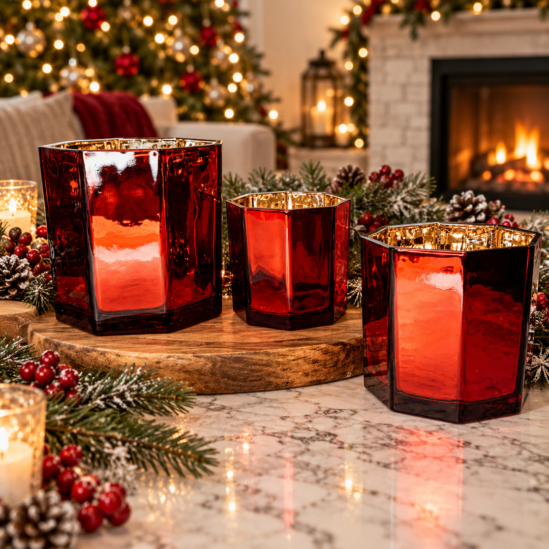 Red Gold Mercury Glass Candle Holder Vase Christmas Table Decor Fun Holiday Gift