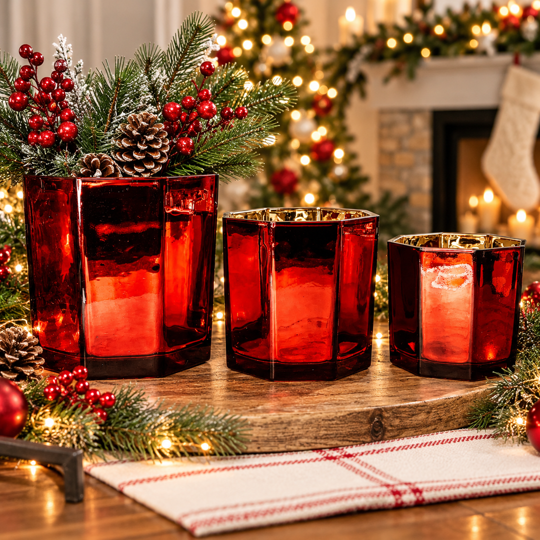 Red Gold Mercury Glass Candle Holder Vase Christmas Table Decor Fun Holiday Gift
