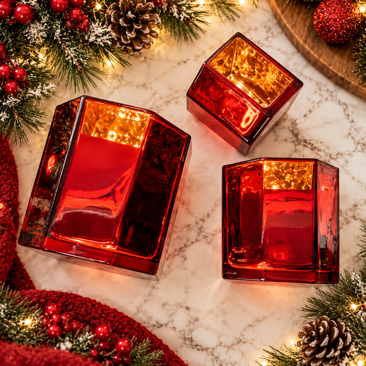 Red Gold Mercury Glass Candle Holder Vase Christmas Table Decor Fun Holiday Gift