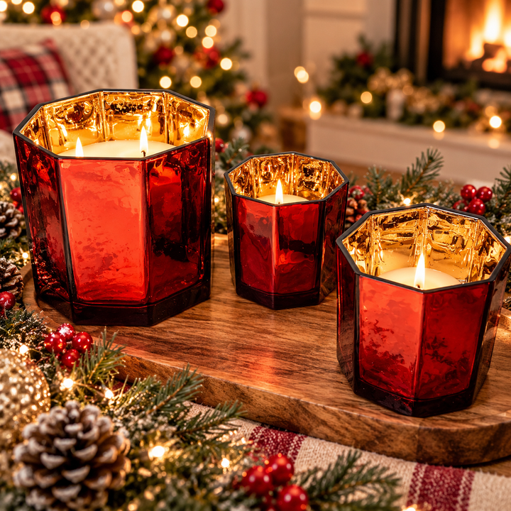 Red Gold Mercury Glass Candle Holder Vase Christmas Table Decor Fun Holiday Gift