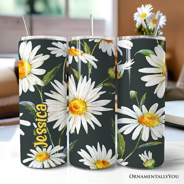 White Daisy Flower Pattern 20oz Personalized Tumbler With Lid and Stainless Steel Straw, Fresh Spring Floral Gift Cup