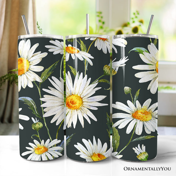 White Daisy Flower Pattern 20oz Personalized Tumbler With Lid and Stainless Steel Straw, Fresh Spring Floral Gift Cup