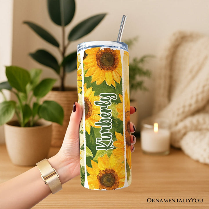 Sunflowers Season 20oz Personalized Tumbler With Lid and Stainless Steel Straw, Brushstrokes Vacation Beach Gift Cup