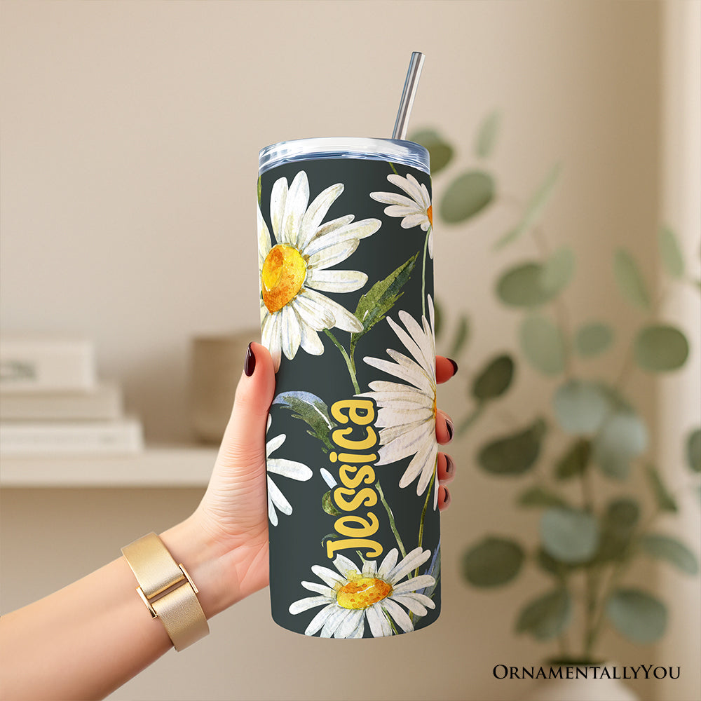 White Daisy Flower Pattern 20oz Personalized Tumbler With Lid and Stainless Steel Straw, Fresh Spring Floral Gift Cup