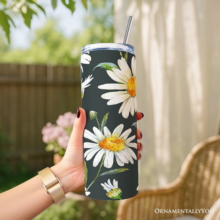 White Daisy Flower Pattern 20oz Personalized Tumbler With Lid and Stainless Steel Straw, Fresh Spring Floral Gift Cup
