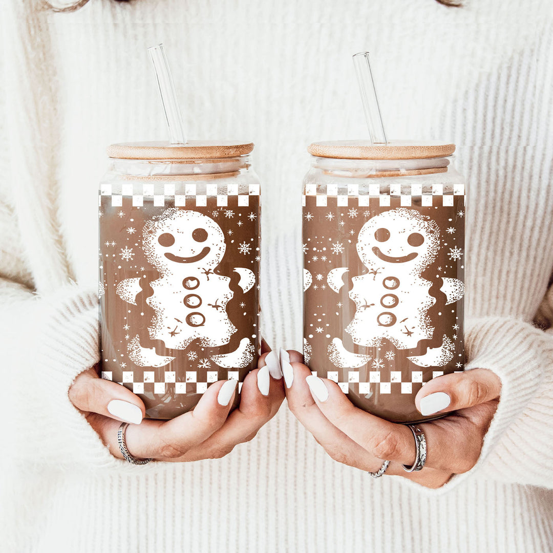 Retro Gingerbread Glass Tumbler 17oz Bamboo Lid Straw Christmas Fun Holiday Gift