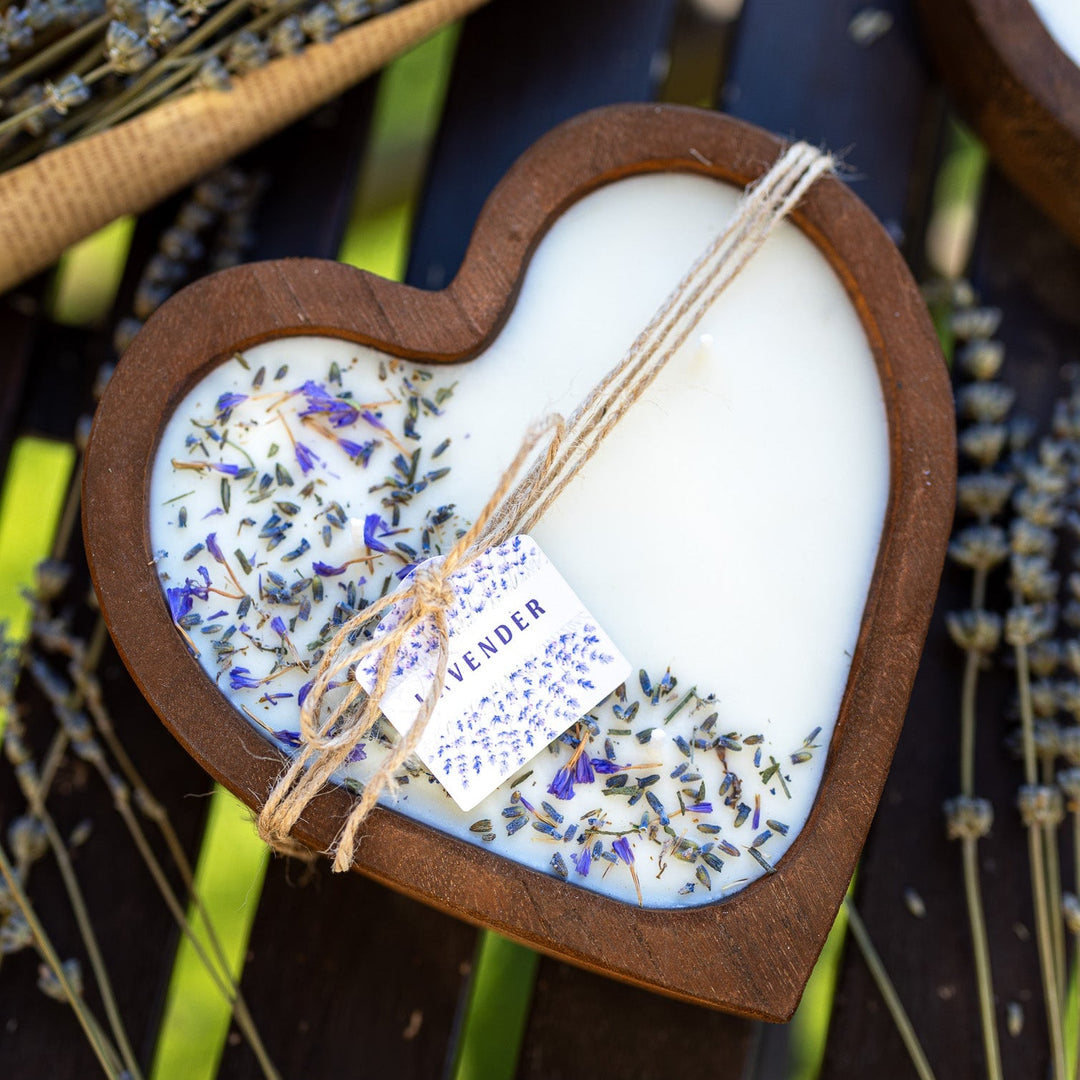 Lavender Heart Dough Bowl Candle | Wood Bowl Soy Wax Candle