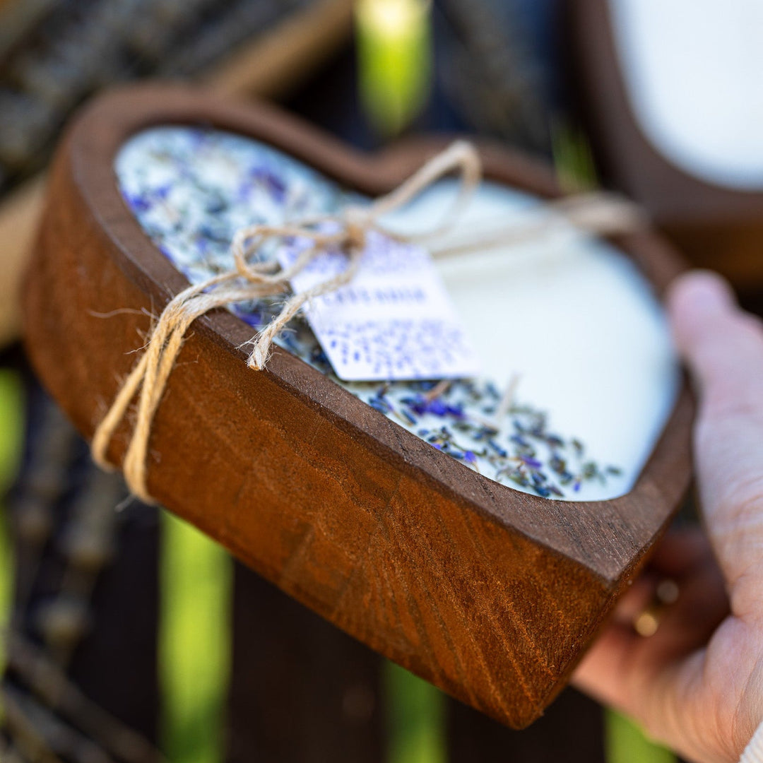 Lavender Heart Dough Bowl Candle | Wood Bowl Soy Wax Candle