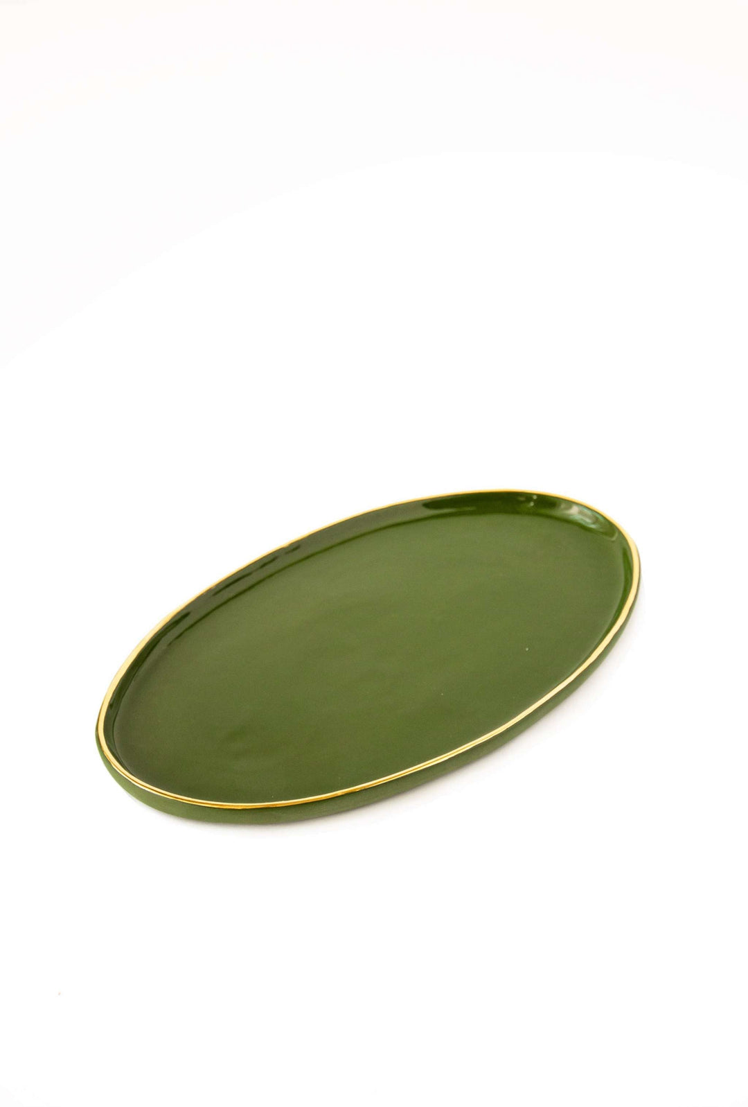 Porcelain Oval Serving Platter with Gold Rim. Green