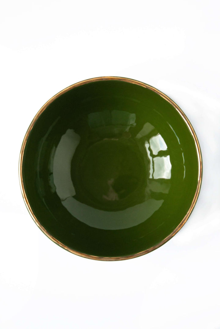 Handmade Porcelain Salad Bowl with Gold Rim. Green
