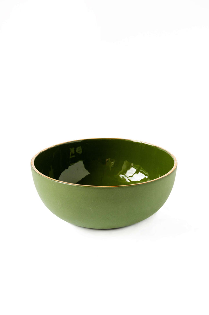 Handmade Porcelain Salad Bowl with Gold Rim. Green