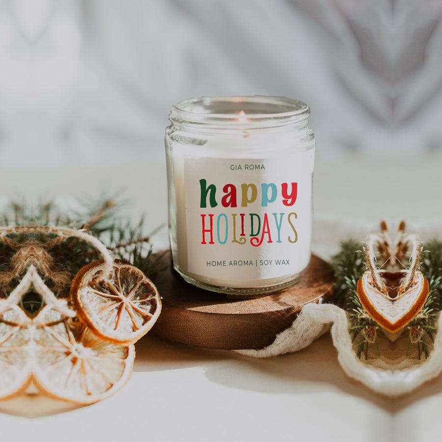 Happy Holiday Scented Soy Blend Candle Pine Orange Woods 9oz Jar Great Gift Idea