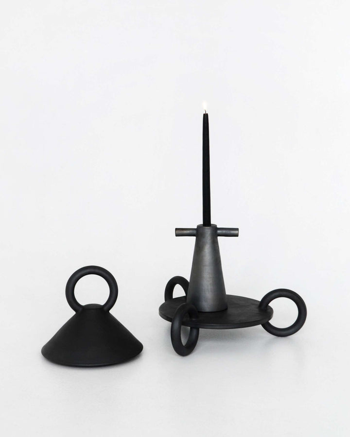 Black Stoneware Tall Candle Holder Motanka