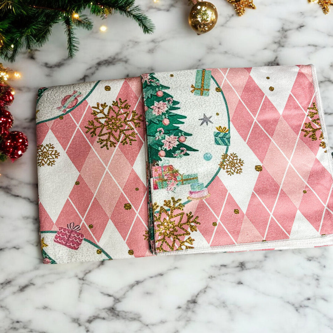 Pink Argyle Christmas Tree Kitchen Hand Towel Holiday Decor Fun Gift for Friends
