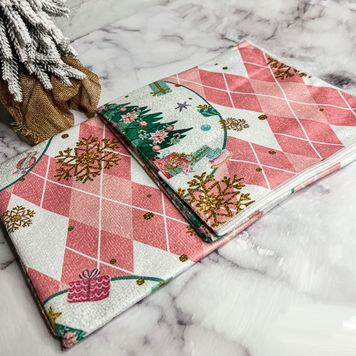 Pink Argyle Christmas Tree Kitchen Hand Towel Holiday Decor Fun Gift for Friends