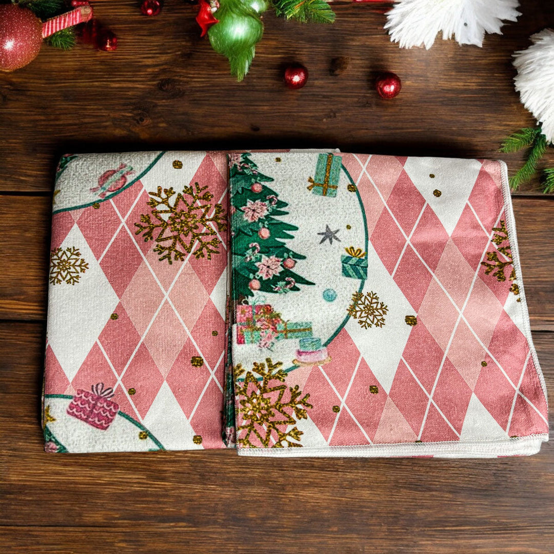 Pink Argyle Christmas Tree Kitchen Hand Towel Holiday Decor Fun Gift for Friends