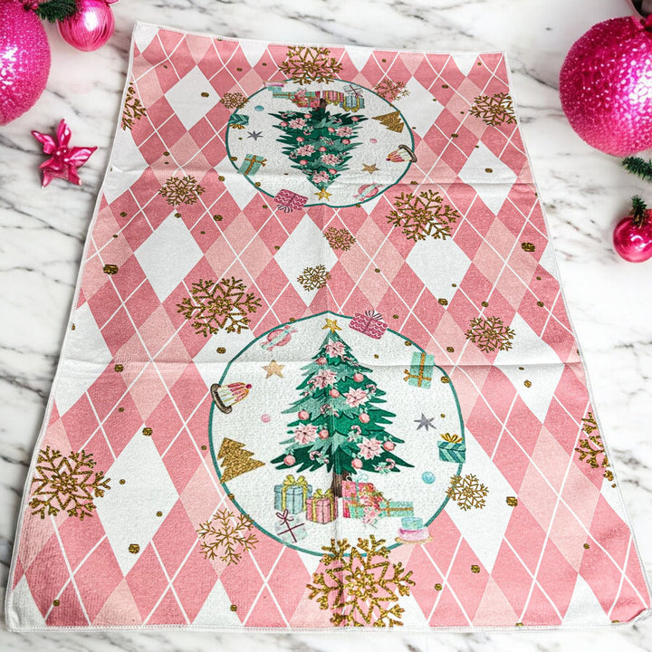 Pink Argyle Christmas Tree Kitchen Hand Towel Holiday Decor Fun Gift for Friends
