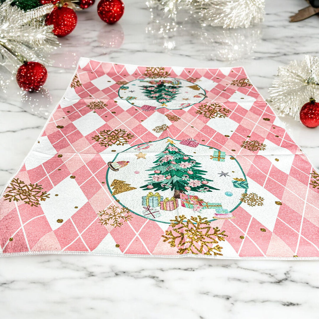 Pink Argyle Christmas Tree Kitchen Hand Towel Holiday Decor Fun Gift for Friends