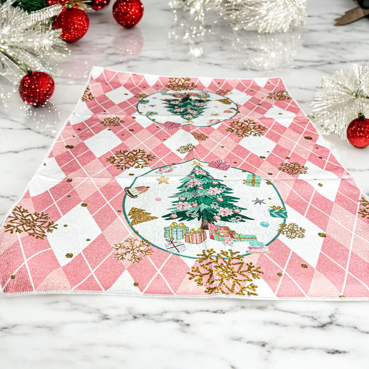Pink Argyle Christmas Tree Kitchen Hand Towel Holiday Decor Fun Gift for Friends