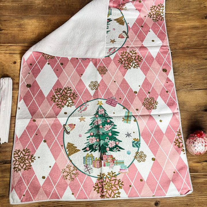 Pink Argyle Christmas Tree Kitchen Hand Towel Holiday Decor Fun Gift for Friends