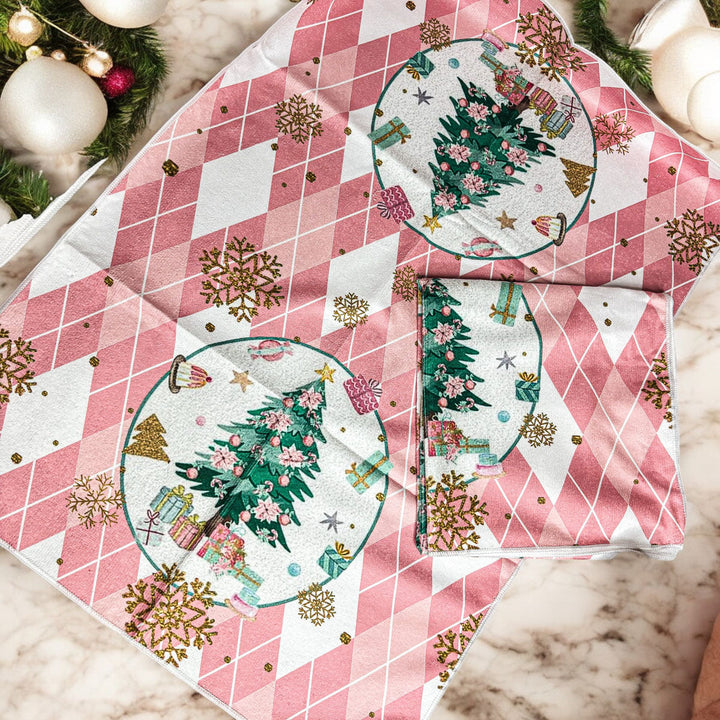 Pink Argyle Christmas Tree Kitchen Hand Towel Holiday Decor Fun Gift for Friends