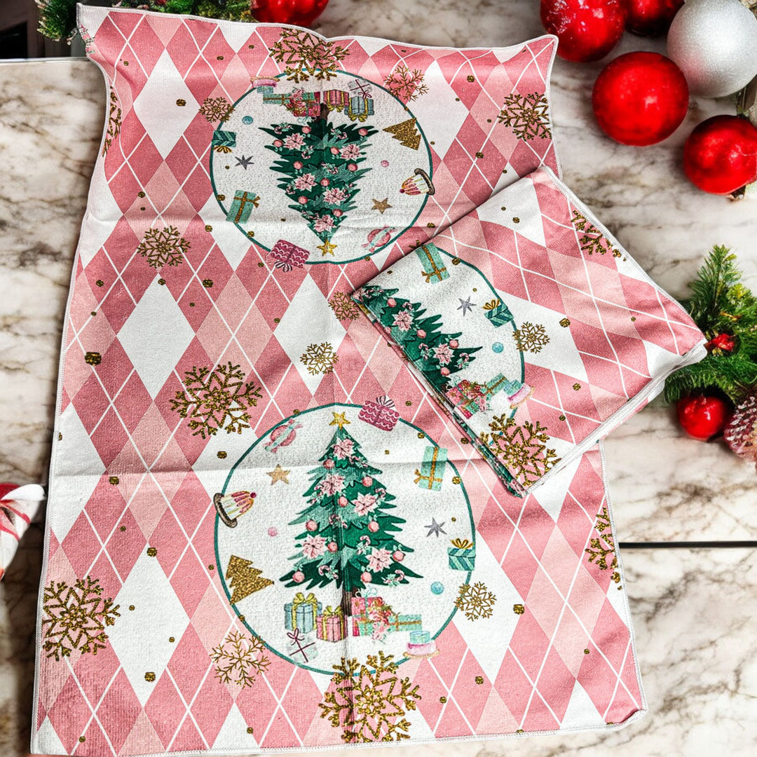 Pink Argyle Christmas Tree Kitchen Hand Towel Holiday Decor Fun Gift for Friends